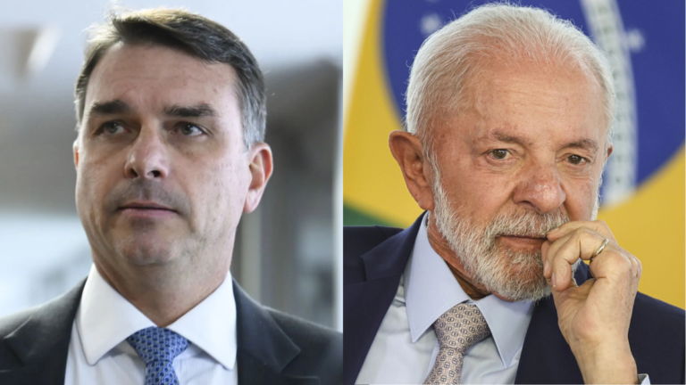 O senador Flávio Bolsonaro (à esquerda) e o presidente Luiz Inácio Lula da Silva (à direita) - (Foto: Reprodução)