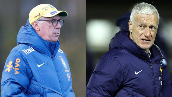 Carlo Ancelotti, técnico do Brasil, Didier Deschamps, técnico da França  • @rafaelribeirorio/CBF e FRANCK FIFE/AFP