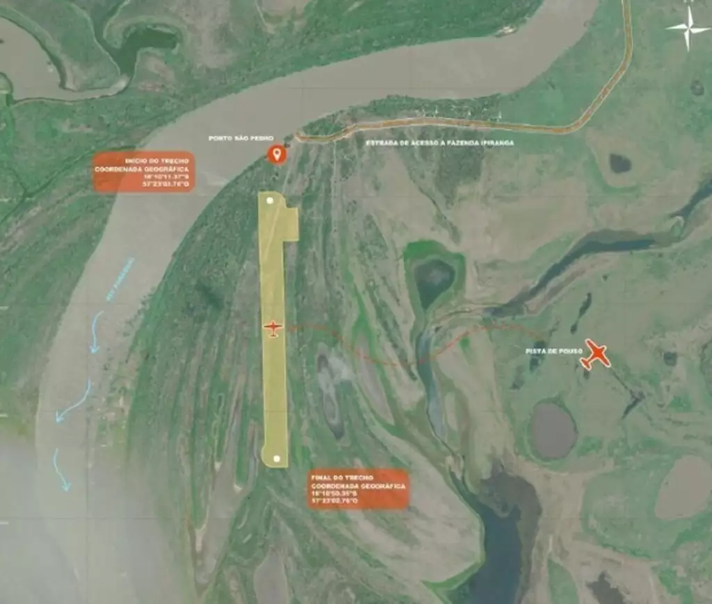 Mapa indica área onde será construído o aeródromo, no pé da Serra do Amolar (Foto: Divulgação).