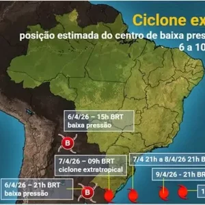 Posições estimadas do ciclone extratropical entre 6 e 10 de abril de 2026 (Imagem: Climatempo).